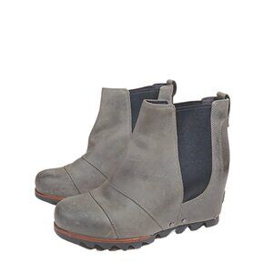 Sorel Wedge Lea Chelsea Boots Womens 6.5 Gray Leather Slip On Ankle Booties